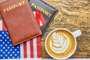 Coffee, passports and US flag