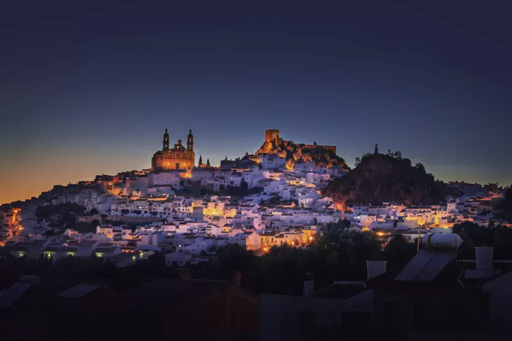 Olvera city with Castle and Cathedral at night - Olvera, Cadiz Province, Andalusia, Spain