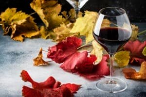 Dry red wine in large glass, autumn still life with red and yellow leaves